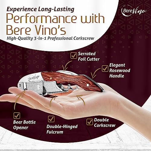 Bere Vino Stainless Steel Wine Opener - Professional Corkscrews for Wine Bottles w/Foil Cutter and Cap Remover - Manual Wine Key for Servers, Waiters, Bartenders and Home Use - Classic Rosewood