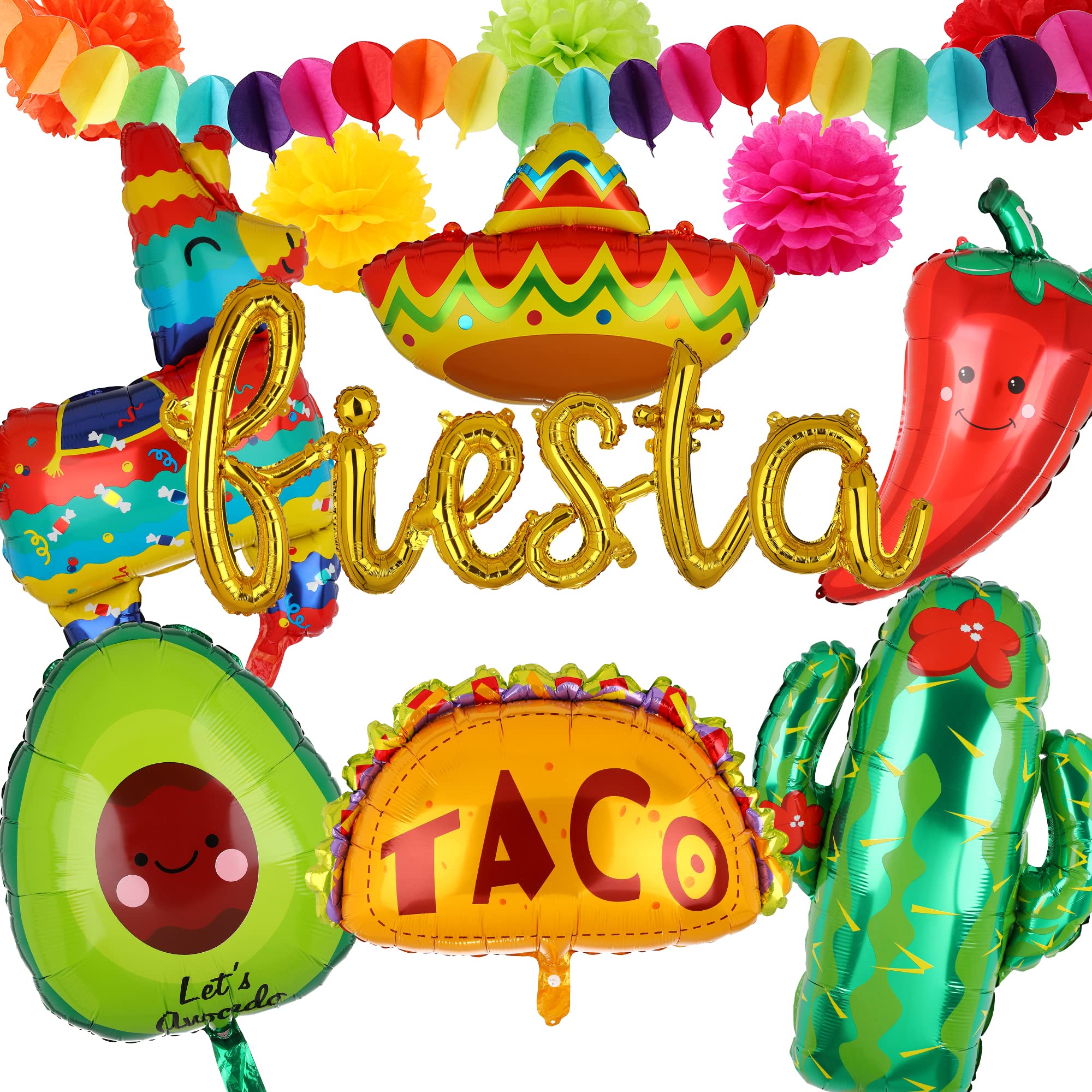 Fiesta Balloons Letter Banner Mexico Taco Llama Cactus Avocado Chili Pepper Mylar Balloon Birthday Mexican Fiesta Theme Cinco De Mayo Party Decor 13 Pcs Set