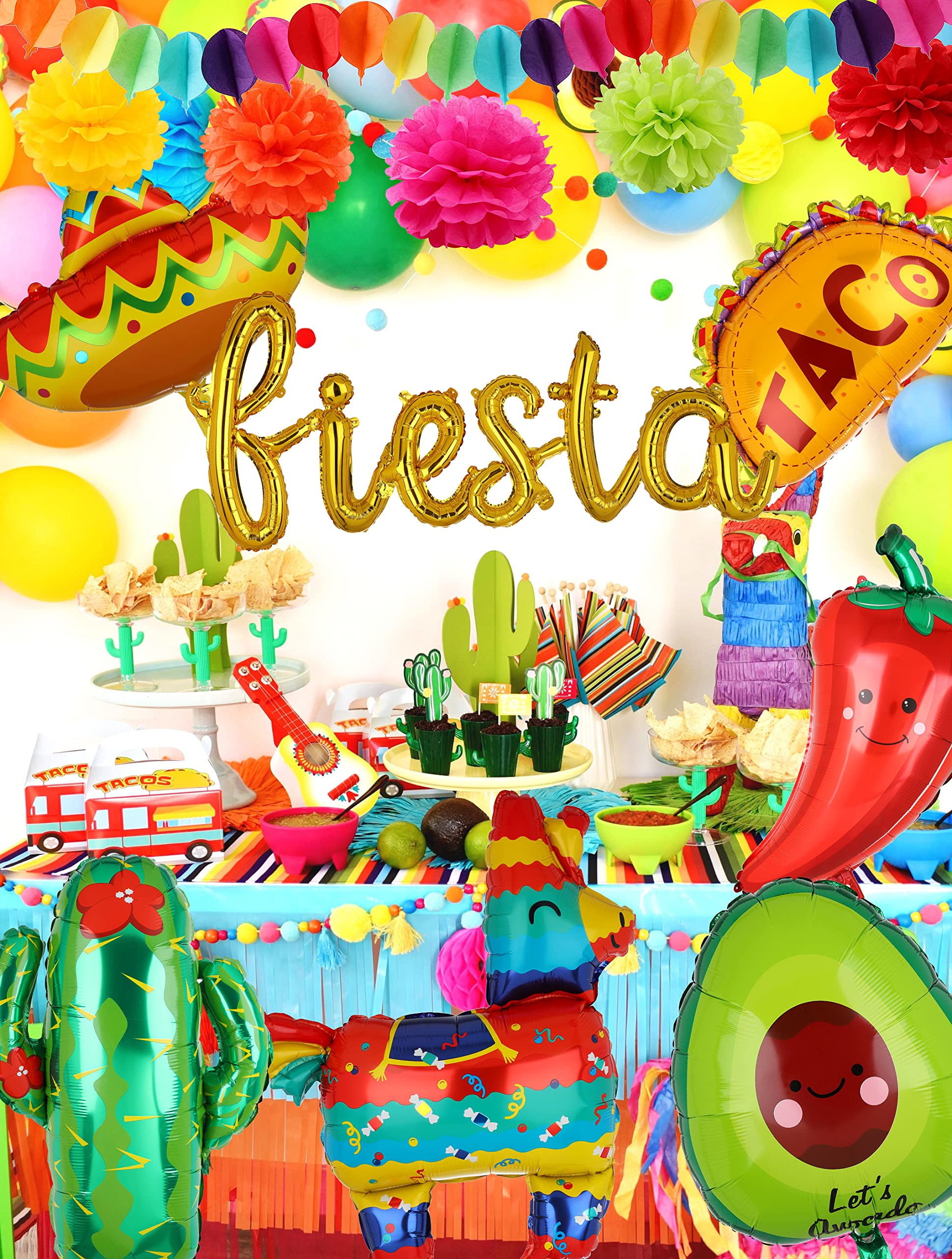 Fiesta Balloons Letter Banner Mexico Taco Llama Cactus Avocado Chili Pepper Mylar Balloon Birthday Mexican Fiesta Theme Cinco De Mayo Party Decor 13 Pcs Set