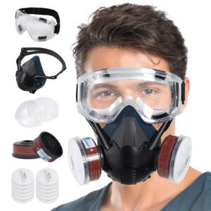 joechul respirator mask with filters - half face respirator with safety glasses, reusable respirator mask with filters, gas mask for chemical, organic vapor, paint, construction, woodworking, welding