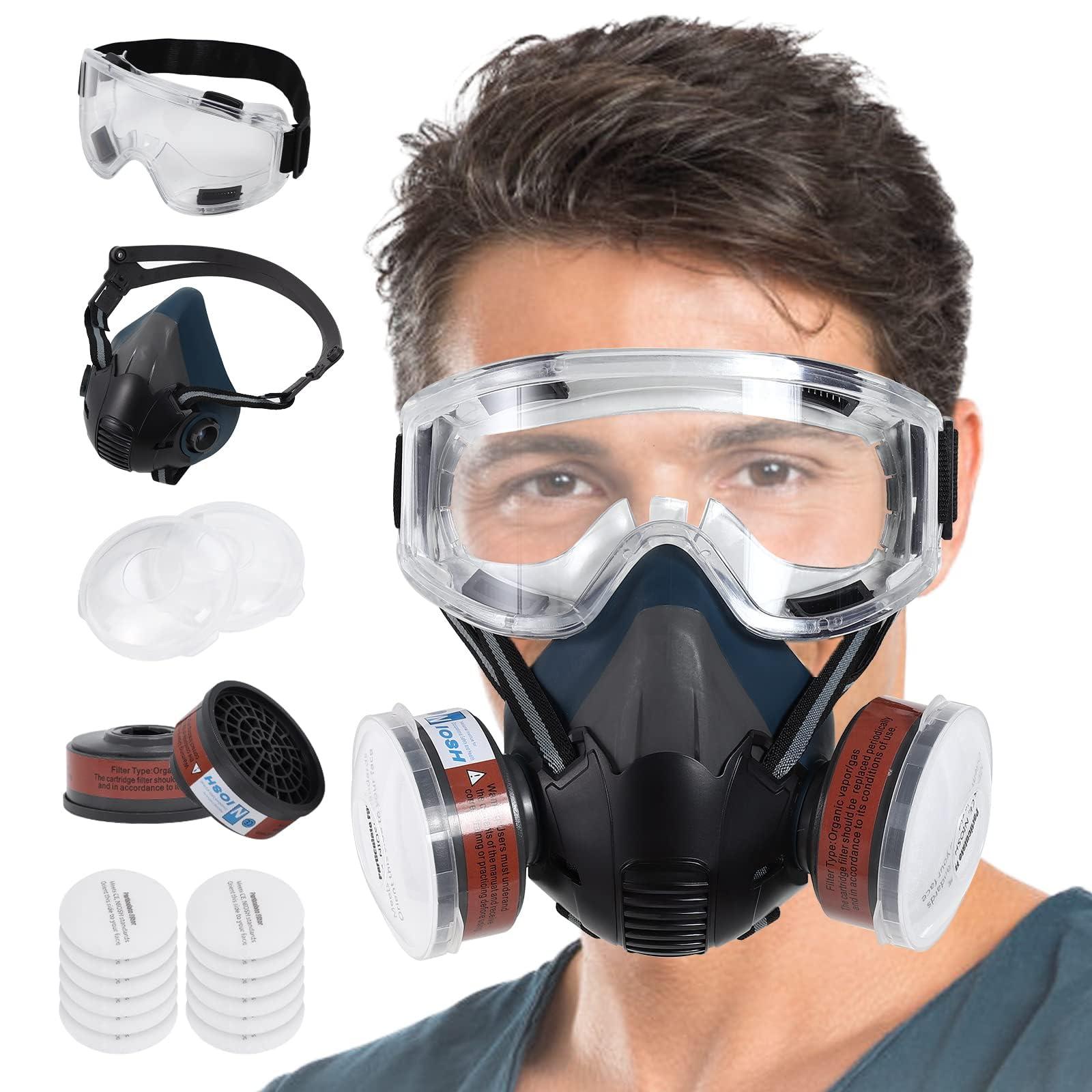 Joechul Respirator Mask with Filters - Half Face Respirator with Safety Glasses, Reusable Respirator Mask with Filters, Gas Mask for Chemical, Organic Vapor, Paint, Construction, Woodworking, Welding