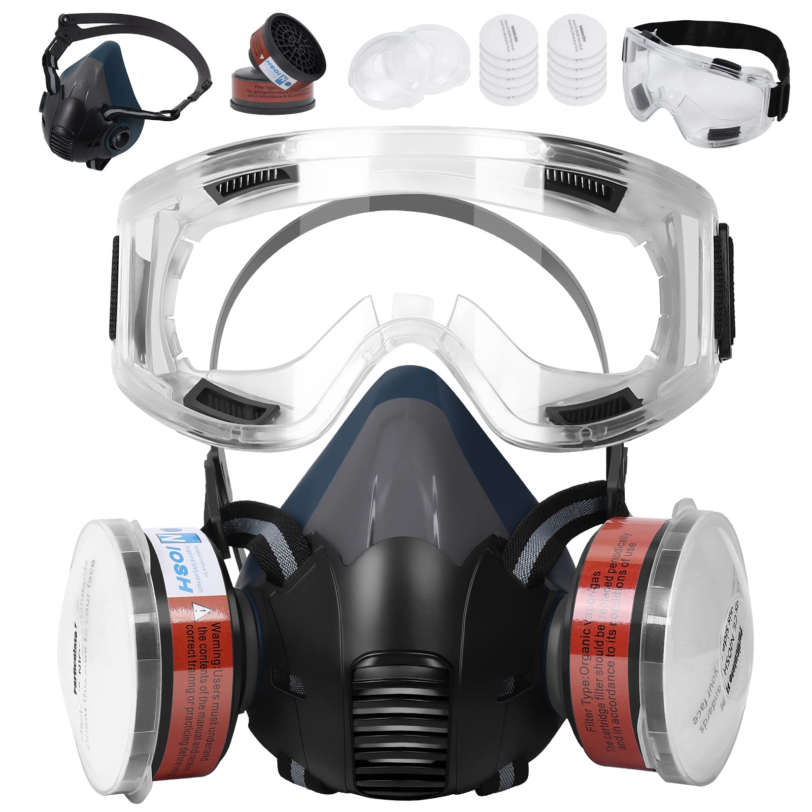 Joechul Respirator Mask with Filters - Half Face Respirator with Safety Glasses, Reusable Respirator Mask with Filters, Gas Mask for Chemical, Organic Vapor, Paint, Construction, Woodworking, Welding