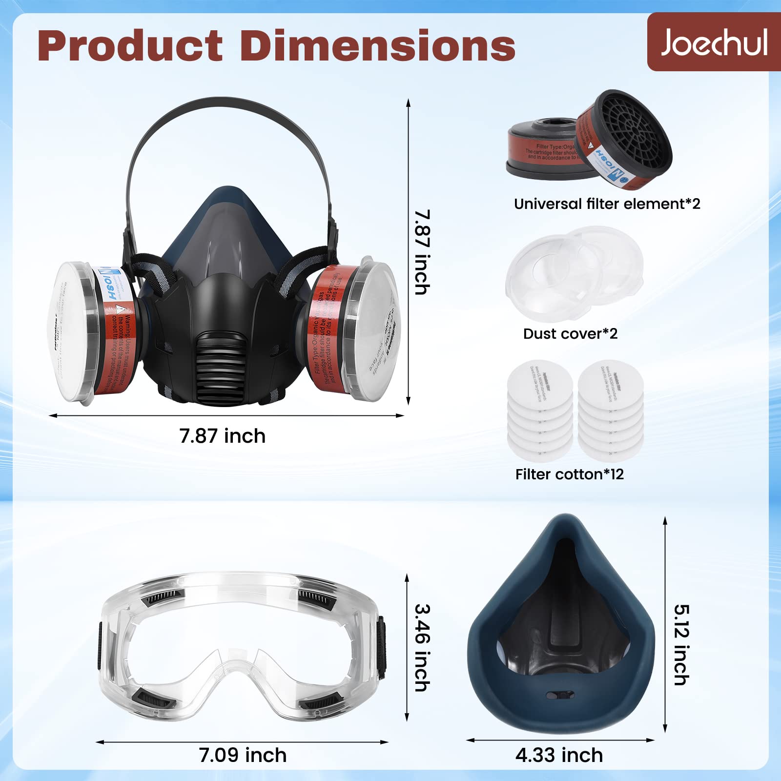 Joechul Respirator Mask with Filters - Half Face Respirator with Safety Glasses, Reusable Respirator Mask with Filters, Gas Mask for Chemical, Organic Vapor, Paint, Construction, Woodworking, Welding