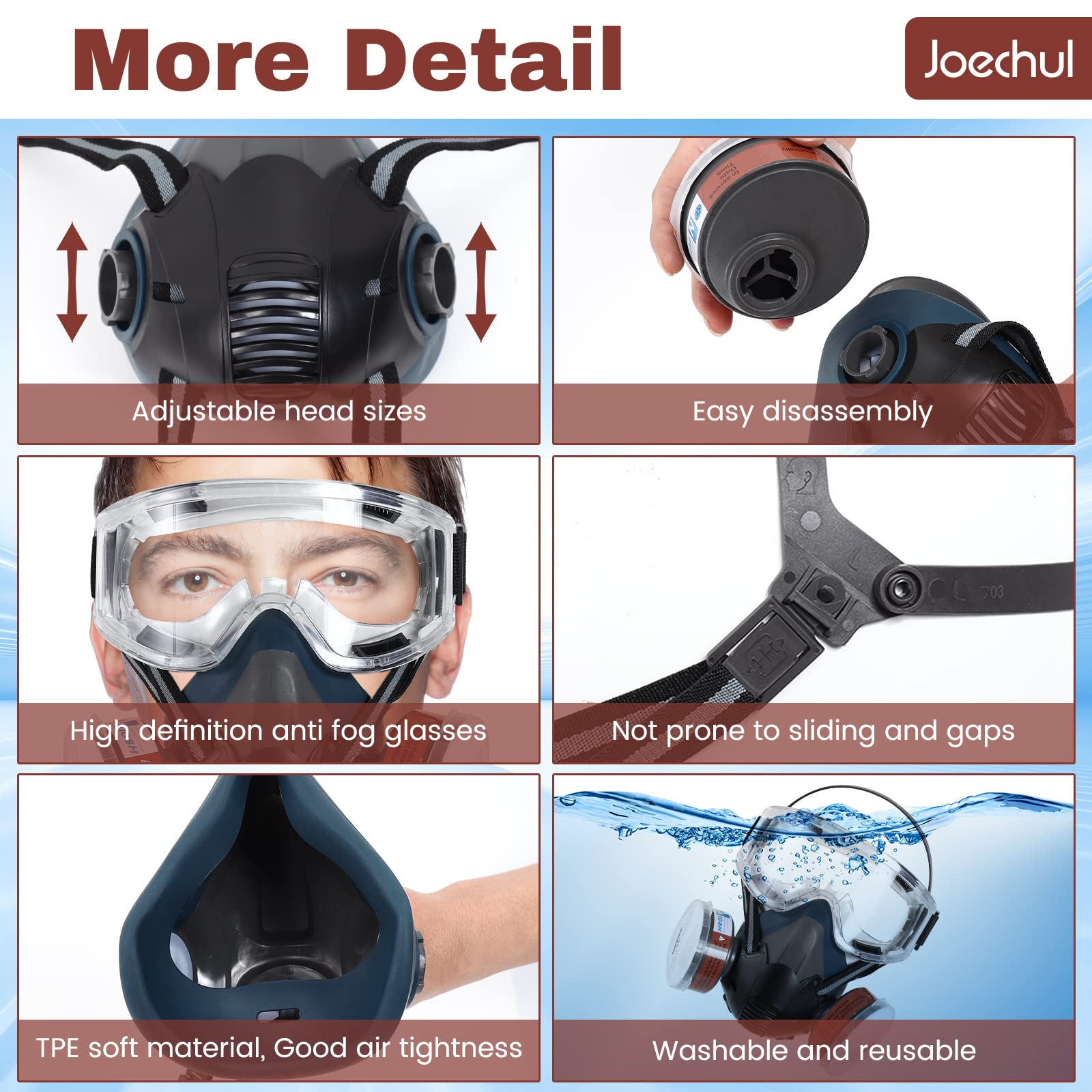 Joechul Respirator Mask with Filters - Half Face Respirator with Safety Glasses, Reusable Respirator Mask with Filters, Gas Mask for Chemical, Organic Vapor, Paint, Construction, Woodworking, Welding