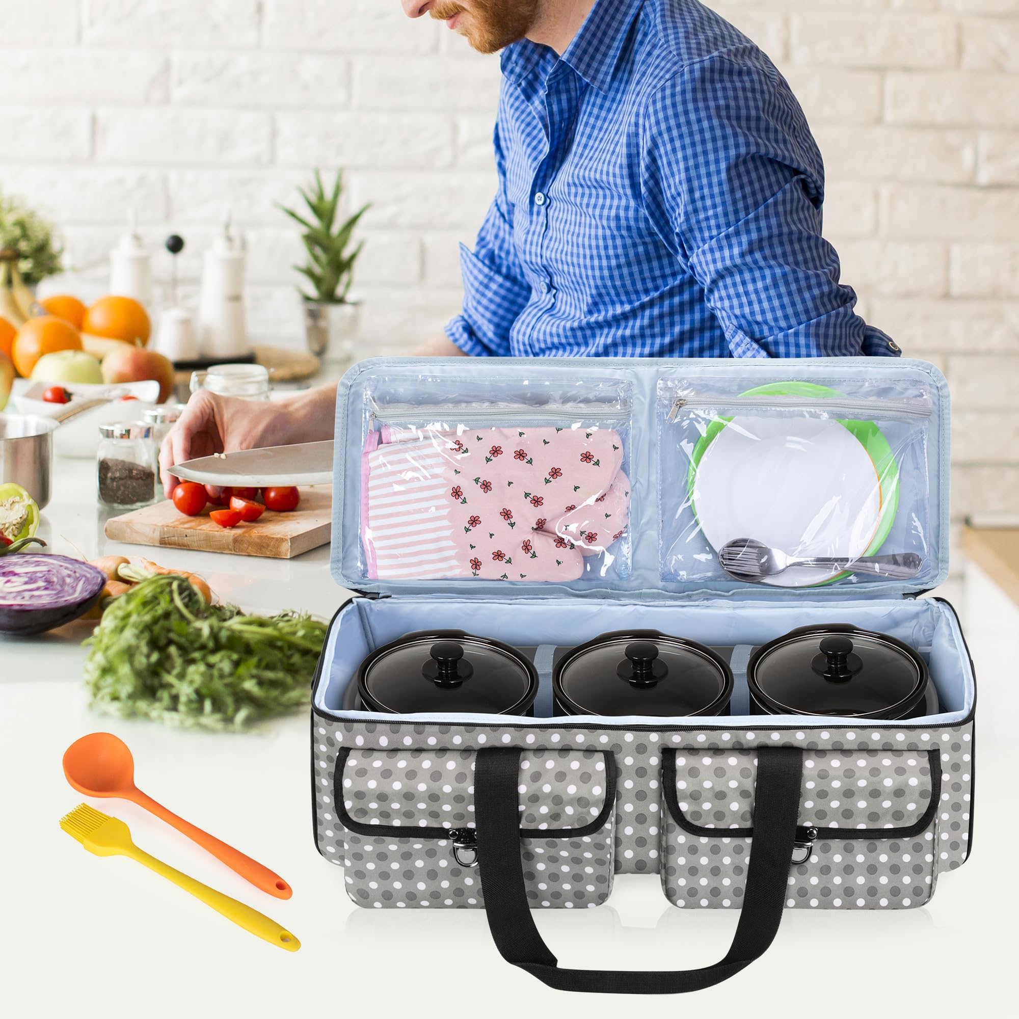 YARWO Double/Triple Slow Cooker Travel Bag (23.4L x 9.2W x 8.1H), Portable Slow Cooker Carrier Case with Shoulder Strap and Multi Pockets for Kitchen Appliance Machine and Accessories, Gray