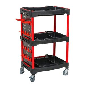 ulable auto detailing tool cart, 3-tier utility rolling shop cart with side hanging plate and hooks, car washing cleaning cart organizer for storing your tools, tool carts for beauty shop and workshop