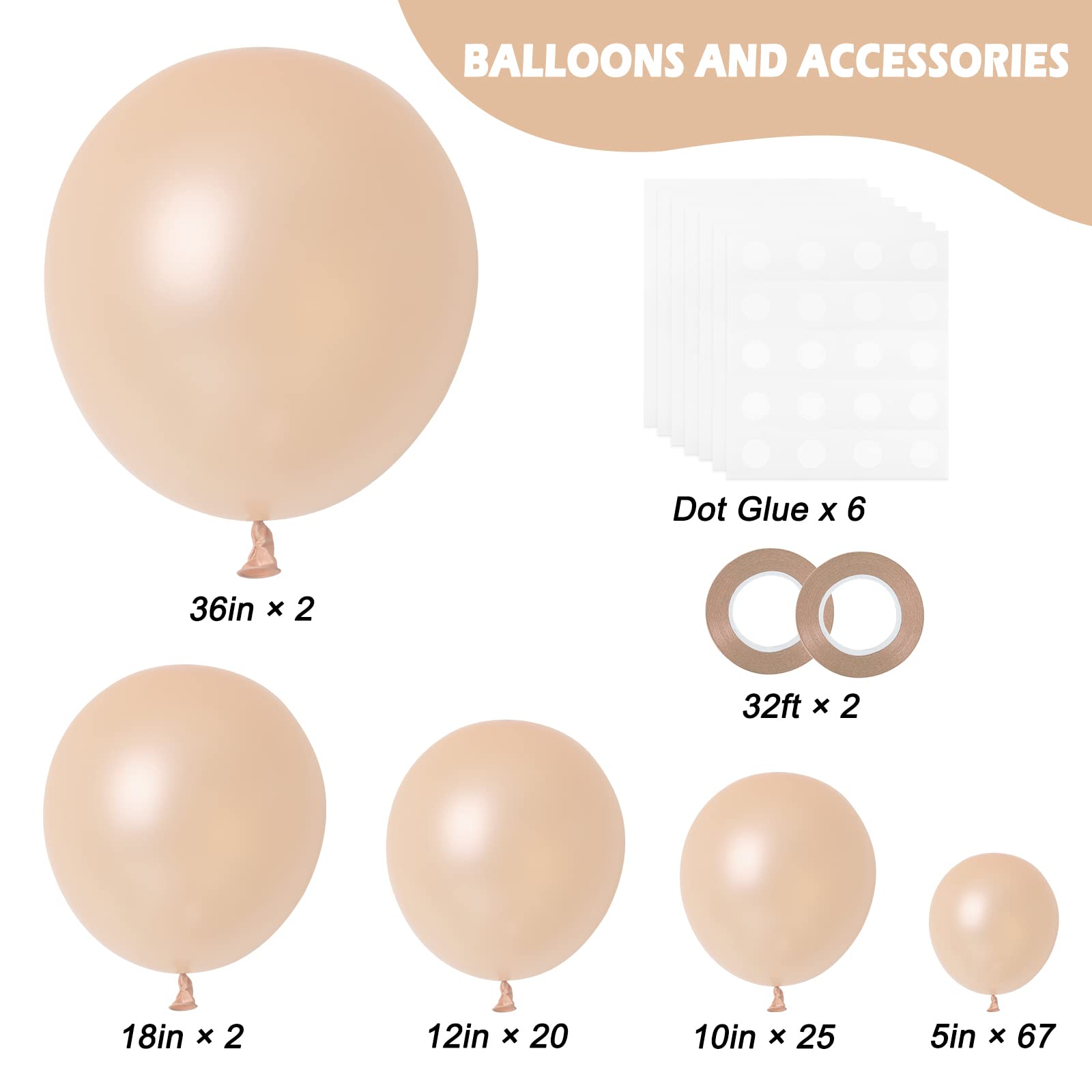 RUBFAC 116pcs Nude Balloons Different Sizes Beige Balloons Pack of 36 18 12 10 5 Inch for Garland Arch Retro Apricot Extra Large Balloons for Birthday Baby Showers Wedding Party Decoration