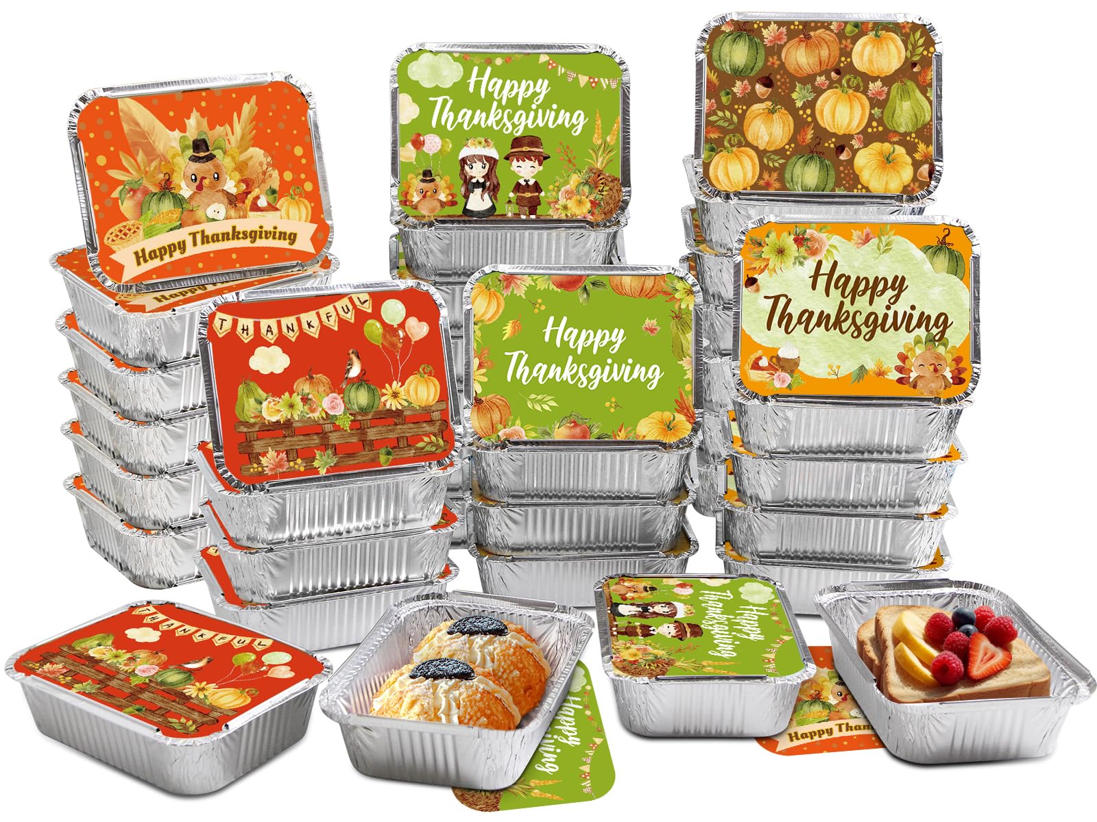 WorldBazaar Thanksgiving Aluminum Food Containers with Lids 36PCS Watercolor Thanksgiving Leftover Containers Disposable Turkey Aluminum Containers Thanksgiving Party Supplies