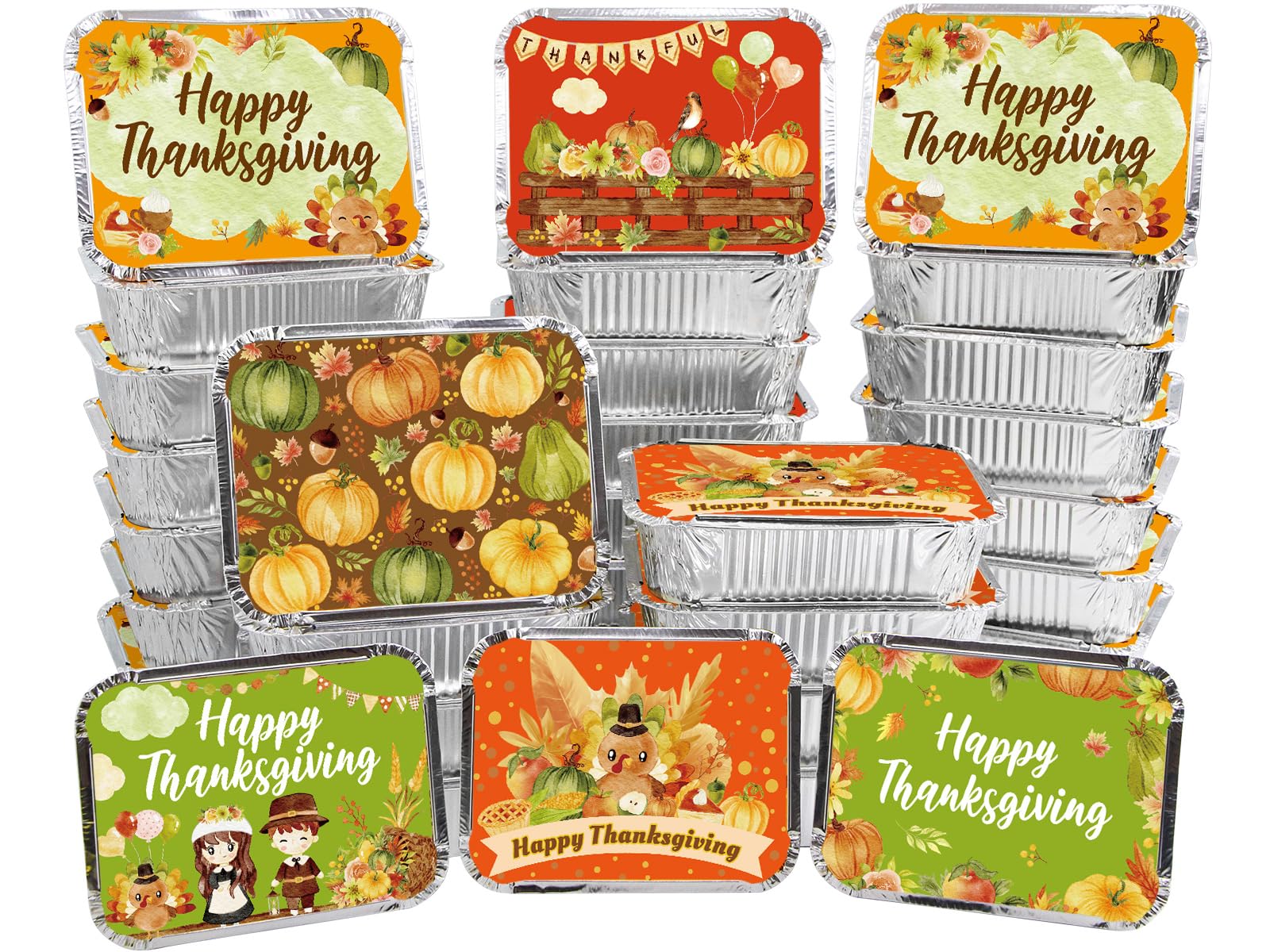 WorldBazaar Thanksgiving Aluminum Food Containers with Lids 36PCS Watercolor Thanksgiving Leftover Containers Disposable Turkey Aluminum Containers Thanksgiving Party Supplies