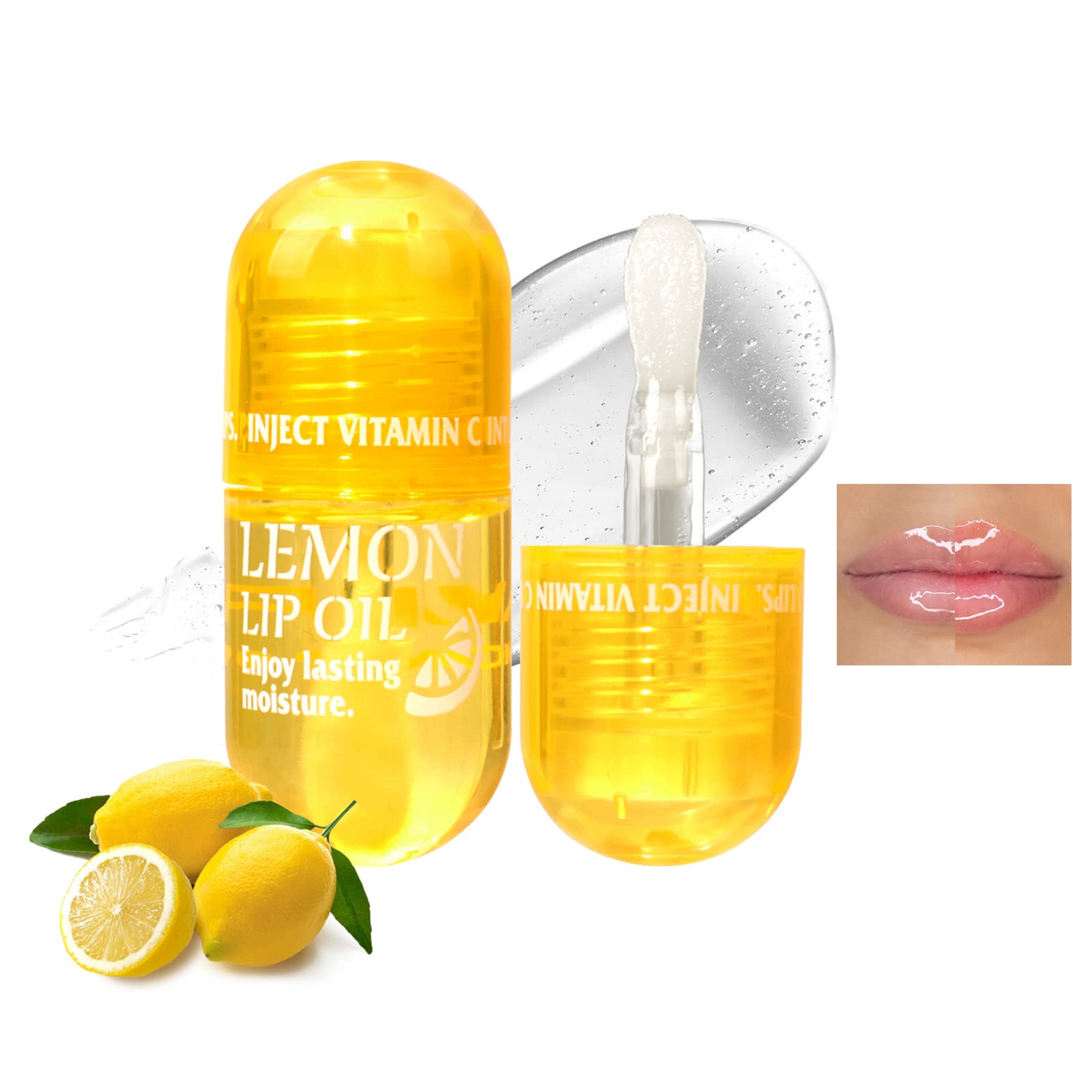 Easilydays Lemon Moisturizing Lip Oils, Mini Capsule Hydrating Lip Gloss, Daytime Refreshing Lip Balm Lip Care Serum, Lightweight Long Lasting Lip Glow Oil, Non-Sticky Shine Primer (Yellow)