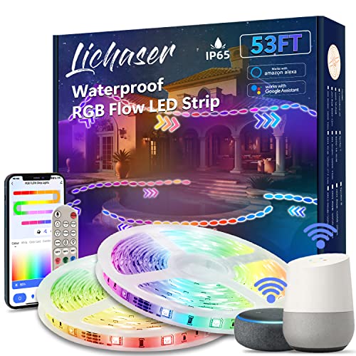 Lichaser WiFi 53ft RGB Flow Outdoor LED Strip Lights Waterproof, DIY, Chasing, Segment IP65 Outdoor LED Strip Work with Alexa and Google Assistant for Outside Decoration