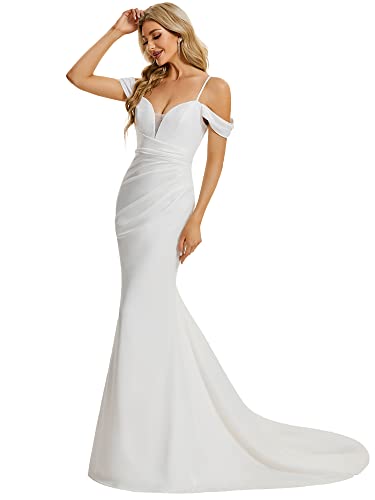 Ever-Pretty Women's Double V Neck Short Sleeve Mermaid Long Bridal Dress for Women White US12