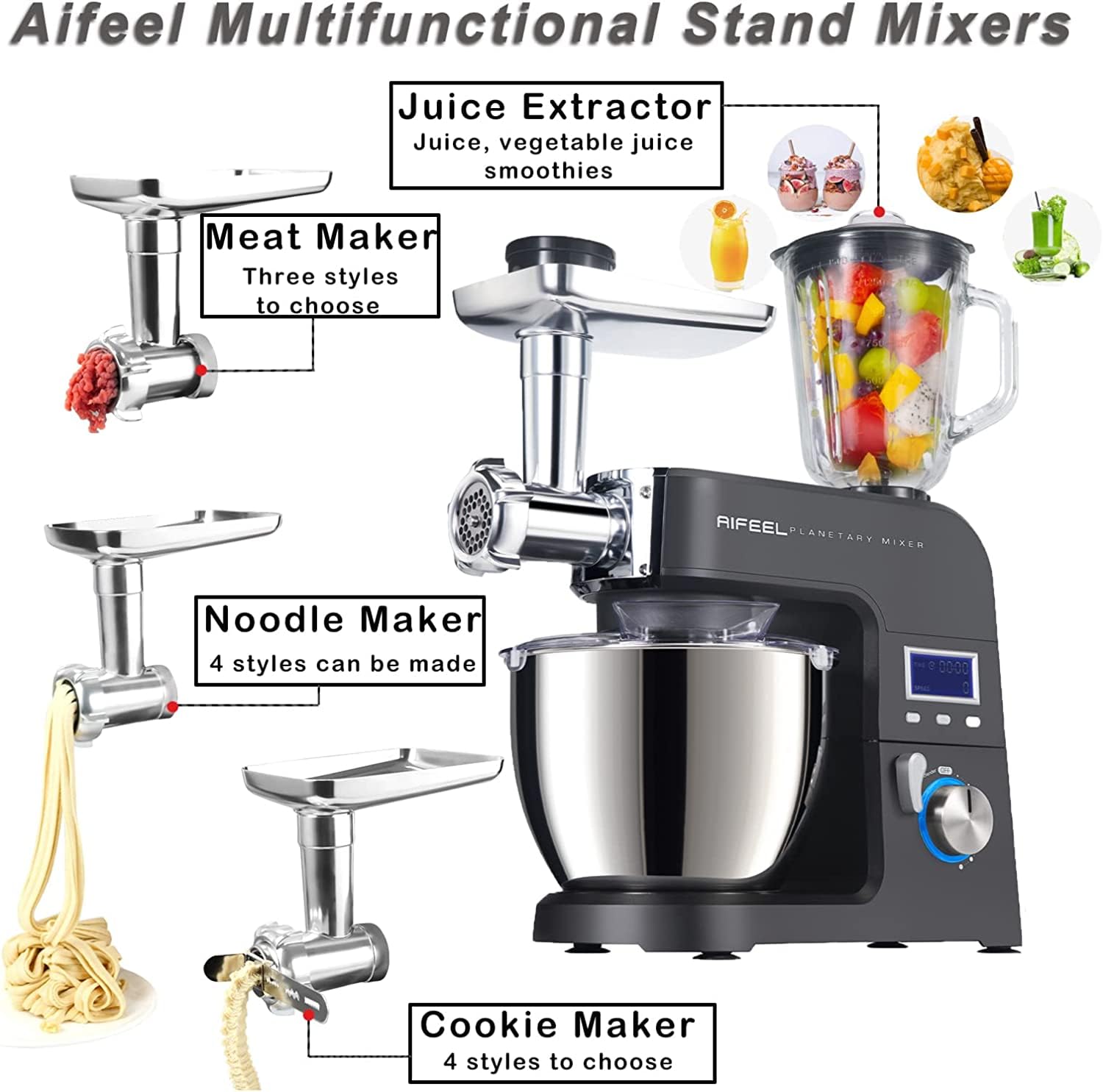 Aifeel Stand Mixer All Metal, Multifunctional LCD Display Electric Kitchen Food Mixer,800W 8 Speed Mixer Noodle Maker with 1.5L Blender,6.5 QT Bowl, Dough Hook, Whisk, Beater,Meat Grinder,Sausage Kit