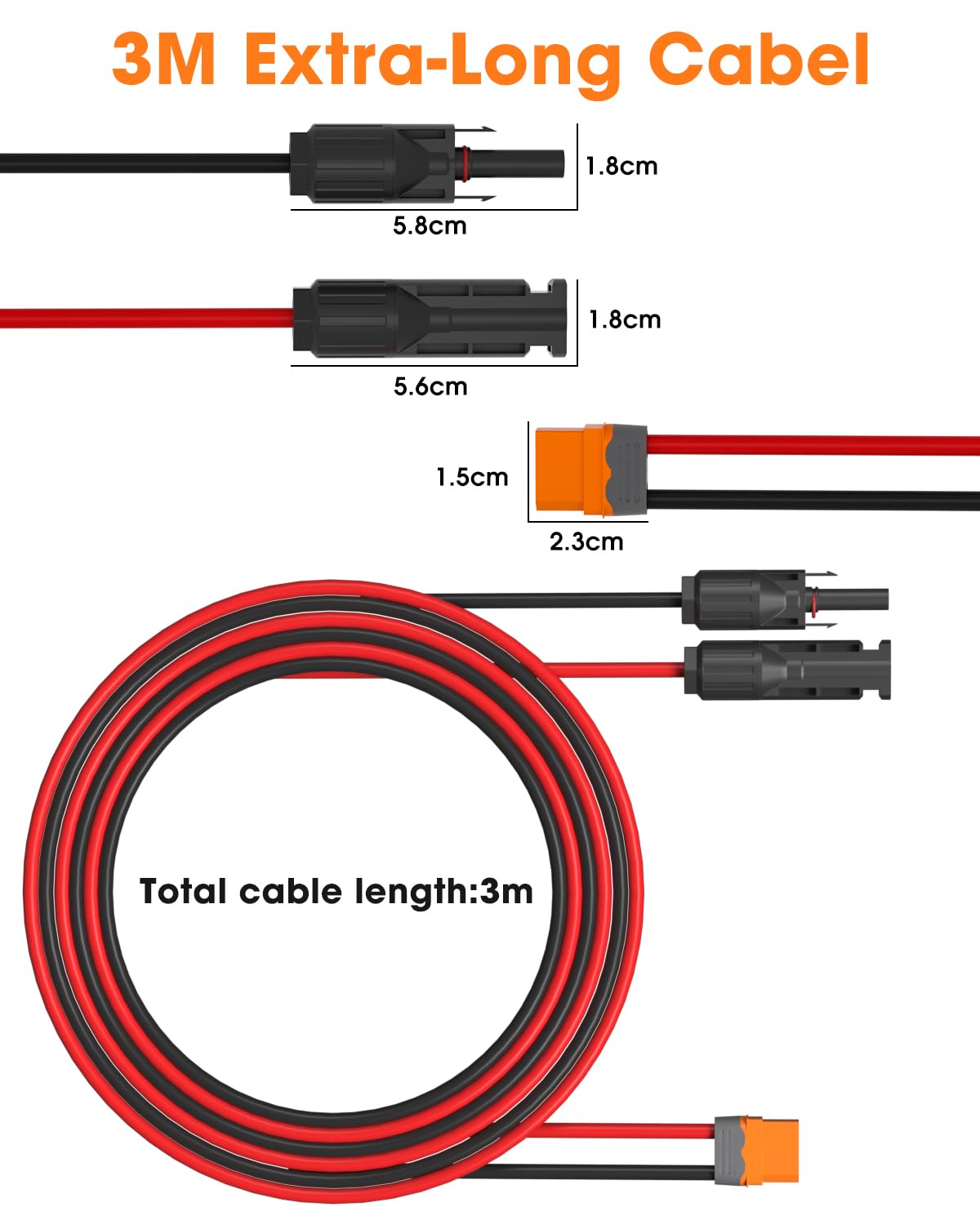 WININMETA 10Ft 12AWG Solar Power Charge Extension Cable to XT60i Solar Connector to XT60i Adapter Cable for Solar Panel to LiFePO4 Battery RV Portable Power Station Solar Generator DC500V 30A