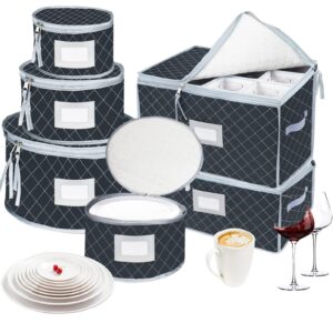 veronly china dinnerware storage containers set- dish,mug,stemware storage cases - quilted box bins stackable with divider,handles,clear window for cups,plates,wine glasses moving set of 6