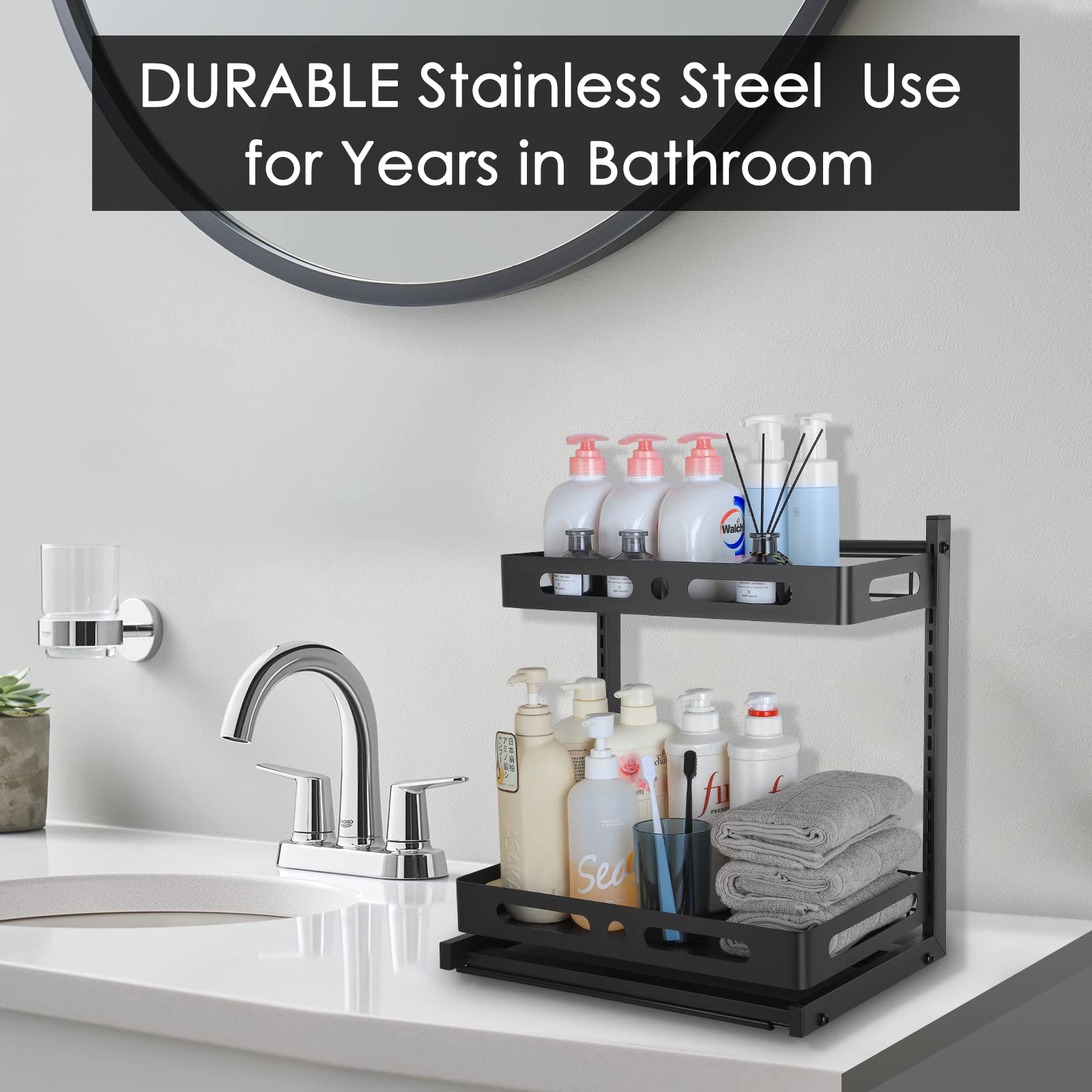 Under Sink Organizer, Height Adjustable Pull-out Cabinet Organizer, 2-Tier Slide Out Sliding Shelf Under Cabinet Storage for Kitchen and Bathroom