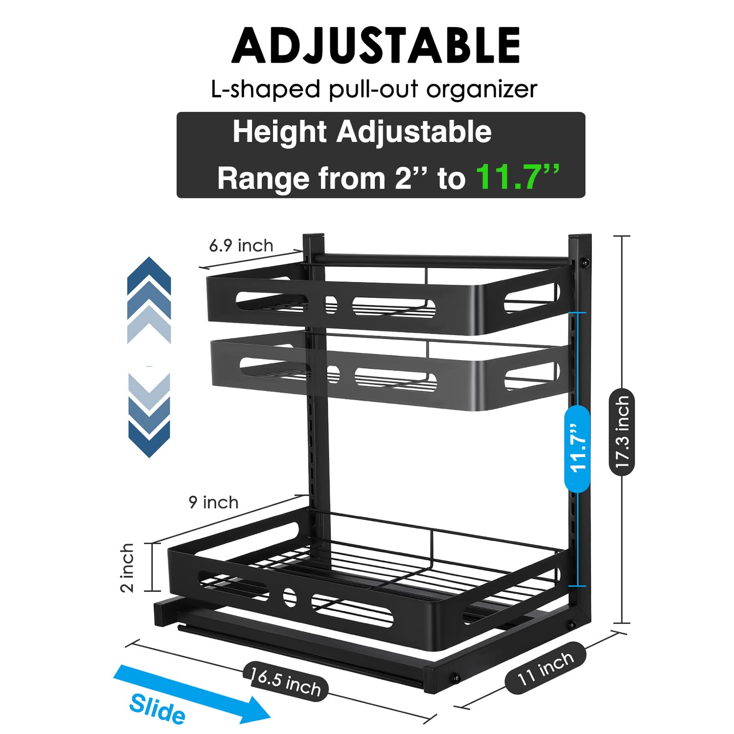 Under Sink Organizer, Height Adjustable Pull-out Cabinet Organizer, 2-Tier Slide Out Sliding Shelf Under Cabinet Storage for Kitchen and Bathroom