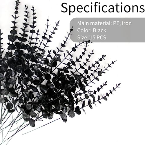 ASTRYAS 15Pcs Black Artificial Eucalyptus Leaves Eucalyptus Stems Decor Halloween Decor Faux Greenery Branches for Wedding Centerpiece Farmhouse Home Decoration(Black)