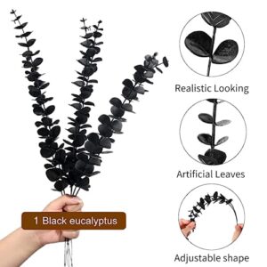 ASTRYAS 15Pcs Black Artificial Eucalyptus Leaves Eucalyptus Stems Decor Halloween Decor Faux Greenery Branches for Wedding Centerpiece Farmhouse Home Decoration(Black)