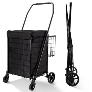 bieama folding shopping cart with waterproof liner, grocery cart large bag with top cover, 200 lb capacity, utility cart with 360° rolling swivel wheels, medium & extra basket