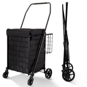 BIEAMA Folding Shopping Cart with Waterproof Liner, Grocery Cart Large Bag with Top Cover, 200 Lb Capacity, Utility Cart with 360° Rolling Swivel Wheels, Medium & Extra Basket