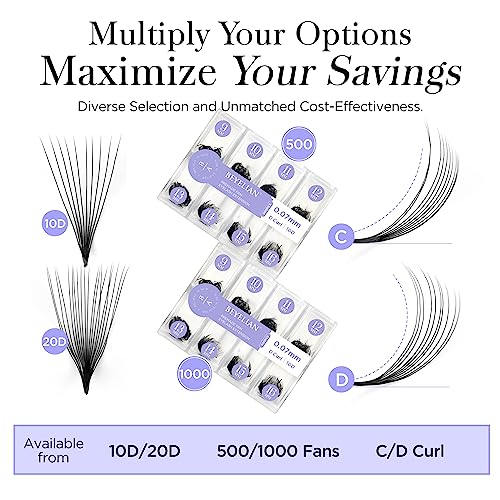 1000 Fans Premade Fans Eyelash Extensions BEYELIAN 0.07mm 10D D Curl Volume Lash Extensions Pre Made Fans Lash Extensions Handmade Promade Loose Fans Thin Base 9-16mm Mixed