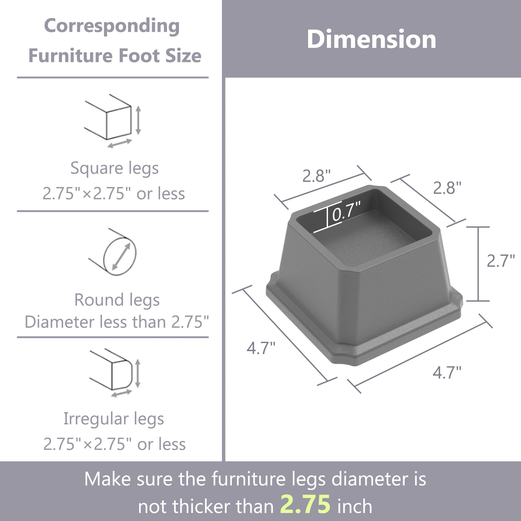 Napnapday Bed Risers 2 Inch Heavy Duty Bed Furniture Elevators, 1,500 lbs Lifts Up Riser for Sofa and Table Set of 4, Grey