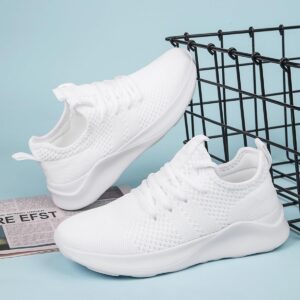 WOHHHW Women Walking Shoes Ladies Running Sneakers Breathable Mesh Sports Shoes Casual Lightweight Gym Lace up Sneakers Fitness Athletic Slip On Comfortable White US Size 7.5