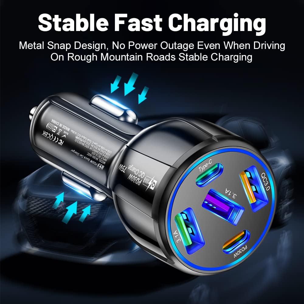 75W Ultra-Fast Car Charger, 30W/QC3.0/Type C 5-Port Smart Shunt 12 Volt Car Adapter Cigarette Lighter USB Charger Compatible with iPhone 14 Pro MAX/13,MacBook Pro,iPad Pro (3USB+2PDBlack)