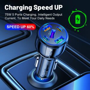 75W Ultra-Fast Car Charger, 30W/QC3.0/Type C 5-Port Smart Shunt 12 Volt Car Adapter Cigarette Lighter USB Charger Compatible with iPhone 14 Pro MAX/13,MacBook Pro,iPad Pro (3USB+2PDBlack)