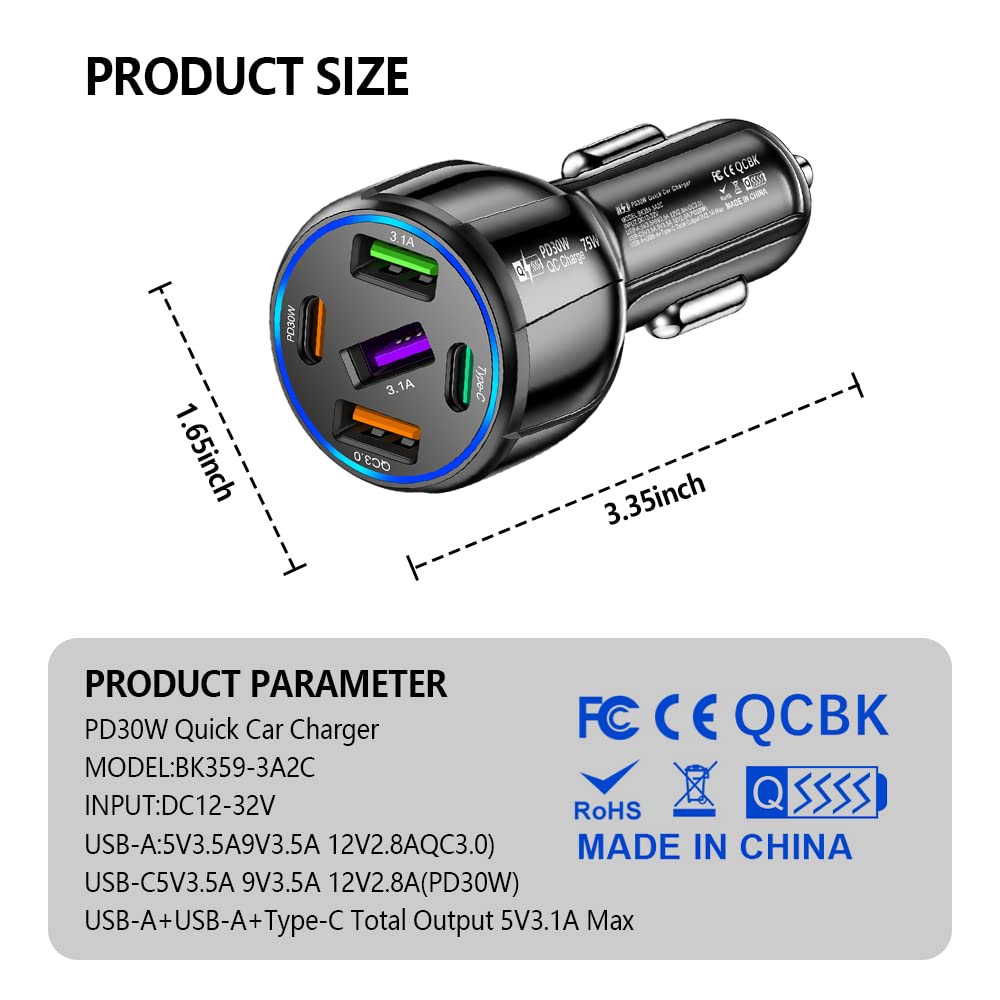 75W Ultra-Fast Car Charger, 30W/QC3.0/Type C 5-Port Smart Shunt 12 Volt Car Adapter Cigarette Lighter USB Charger Compatible with iPhone 14 Pro MAX/13,MacBook Pro,iPad Pro (3USB+2PDBlack)