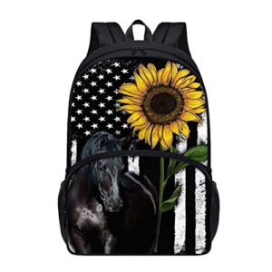 doginthehole black horse backpack school bag for students girls boys american flag sunflower laptop bookbag shoulder bag travel hiking camping daypack for women 17 inch