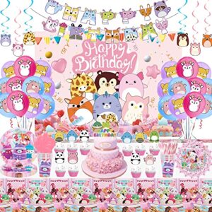 pcs cute kitty party supplies, pink cat party decoration include balloons, backdrop, tablecloth, cake topper, plates, hanging swirls party favors for serves 10 guests
