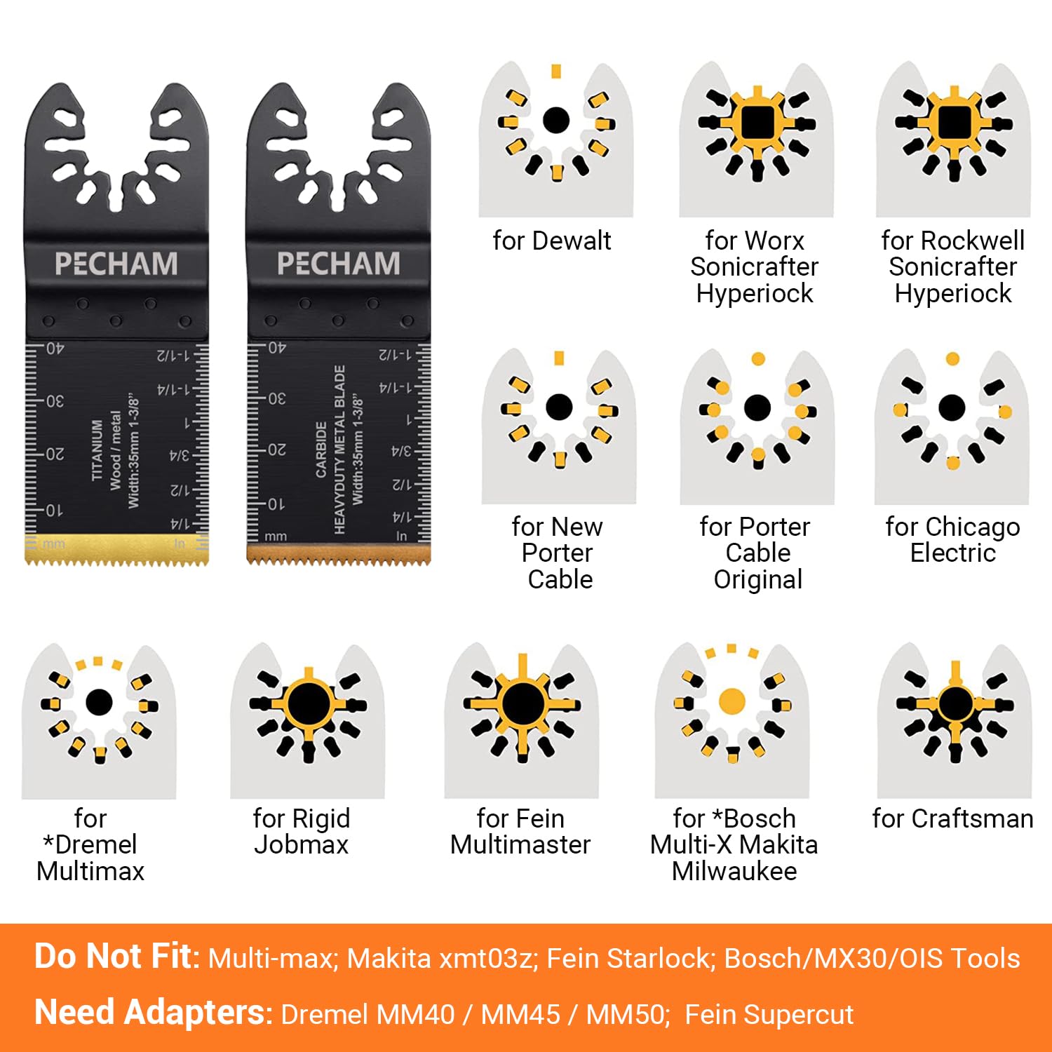 PECHAM 23PCS Titanium & Carbide Multitool Blades Oscillating Tool Saw Blades Heavy Duty for Hard Material, Metal/Steel Nails/Bolts/Screws Fit Most Oscillating tools