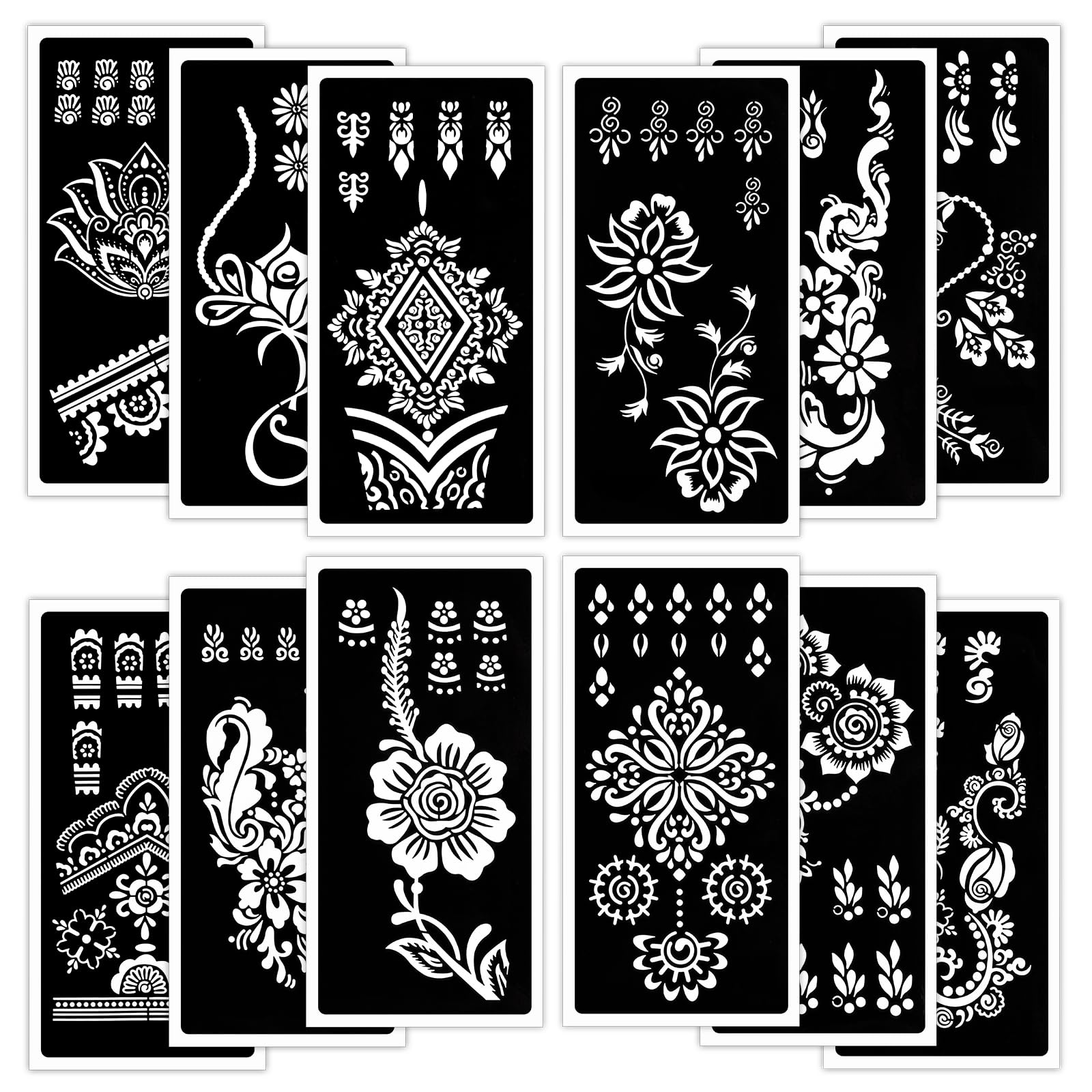 Qpout Tattoo Stencils For Kids Adults, 12 Sheets Henna Stencils for Hands,Henna Tattoo Stencil Kit, Mehndi Stencils for Hands, Tattoo Stencils for Real Tattoos, Airbrush Tattoo Stencils