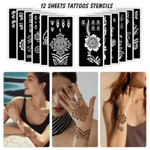 Qpout Tattoo Stencils For Kids Adults, 12 Sheets Henna Stencils for Hands,Henna Tattoo Stencil Kit, Mehndi Stencils for Hands, Tattoo Stencils for Real Tattoos, Airbrush Tattoo Stencils