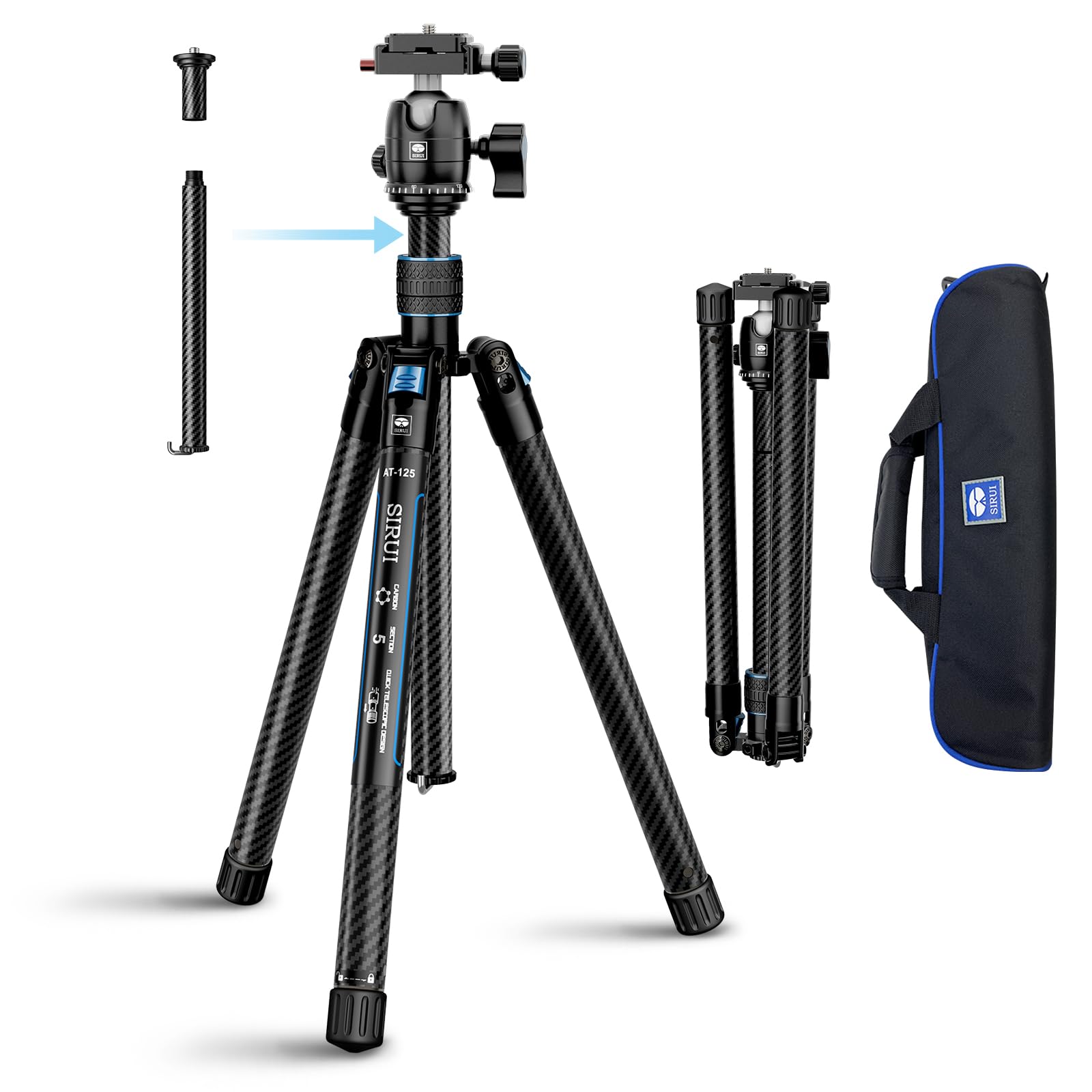 SIRUI Carbon Fiber Tripod with B-00K Panoramic Ball Head, 59.8” Compact Lightweight Travel Tripod AT-125, Quick Release Reverse Folding Legs, Reversible Center Column, Max Load 22lbs - Traveler X-I