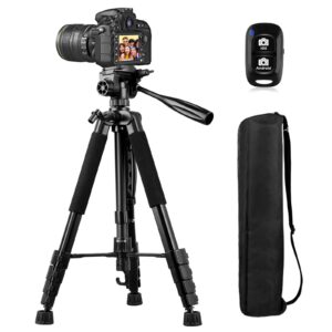 sensyne 74" camera tripod, heavy duty tripod for camera with wireless remote and travel bag, compatible with dslr camera, cellphone, projector, webcam, ring light, spotting scopes
