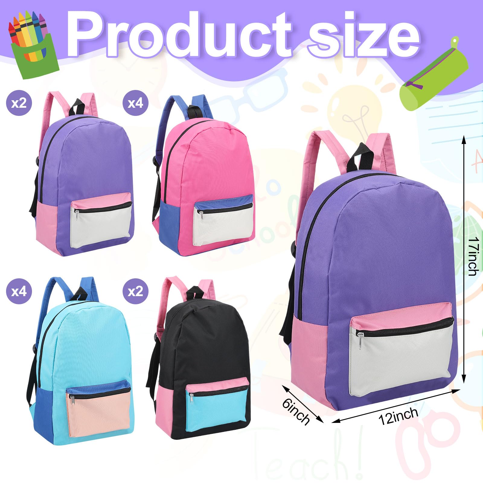 Amylove 24 Packs 12 x 17 x 6 Inches Bulk Backpacks Two Tone Backpacks with Pockets Adjustable Padded Straps Back to School Supplies Bag Bookbag for Kids Women Men Boys Girls (Fresh Color)