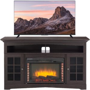 vetuza 59" tv stand with 26" electric fireplace, wood tv stand entertainment center with storage, fits up to 65" tv