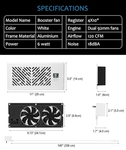 Abida 4" x 10" Register Booster Fan with Thermostat Control, Quiet Smart Register Vent with 10 Gear Wind Speed, Aluminum Frame Heating Cooling AC Vent, White