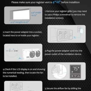 Abida 4" x 10" Register Booster Fan with Thermostat Control, Quiet Smart Register Vent with 10 Gear Wind Speed, Aluminum Frame Heating Cooling AC Vent, White
