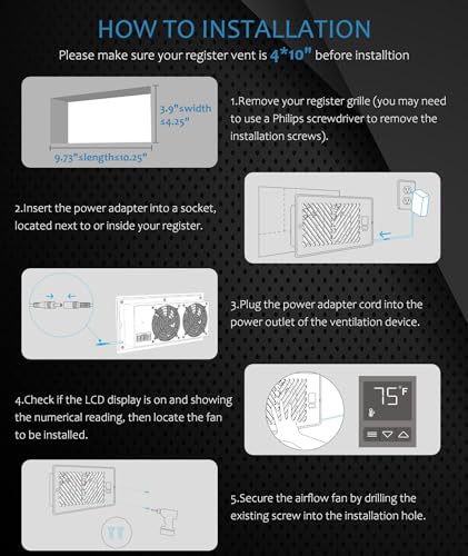 Abida 4" x 10" Register Booster Fan with Thermostat Control, Quiet Smart Register Vent with 10 Gear Wind Speed, Aluminum Frame Heating Cooling AC Vent, White