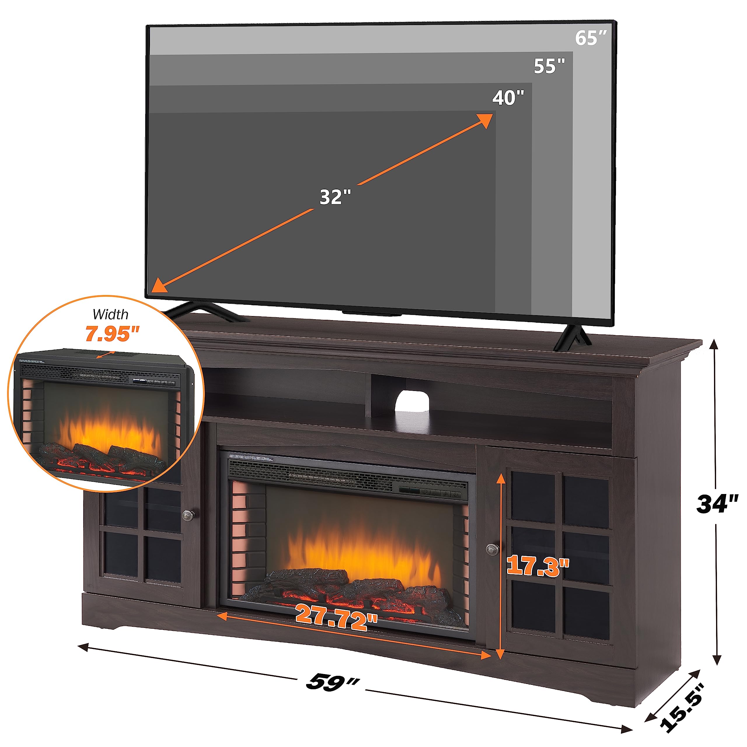 VETUZA 59" TV Stand with 26" Electric Fireplace, Wood TV Stand Entertainment Center with Storage, Fits up to 65" TV