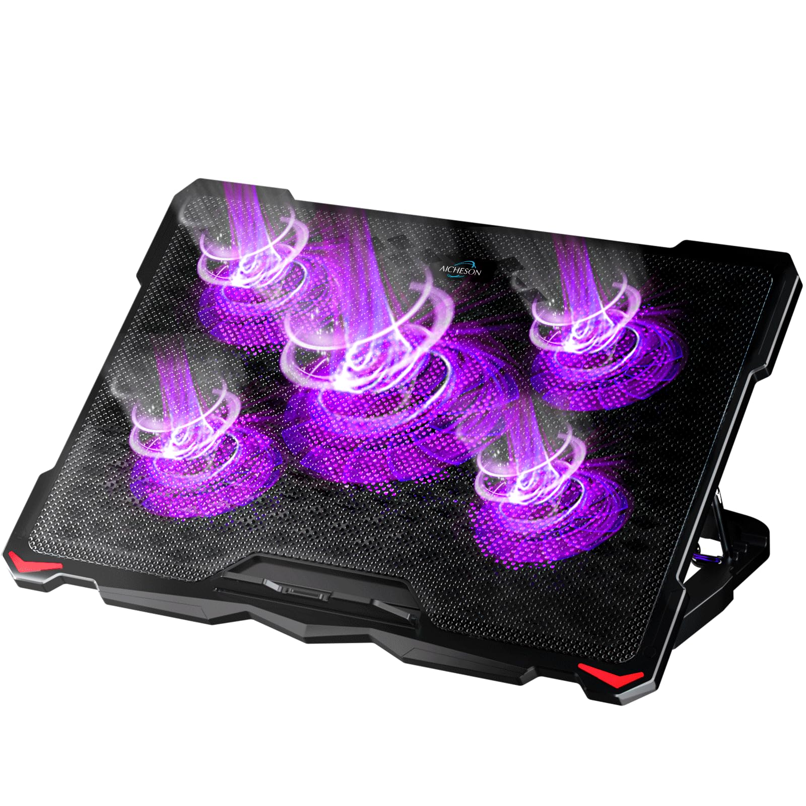 AICHESON Laptop Cooling Pad for 15.6 to 17.3 Inches PC Notebooks, 5 Fans Computer Cooler Stands with Purple Lights Desk Chiller Mat, S035