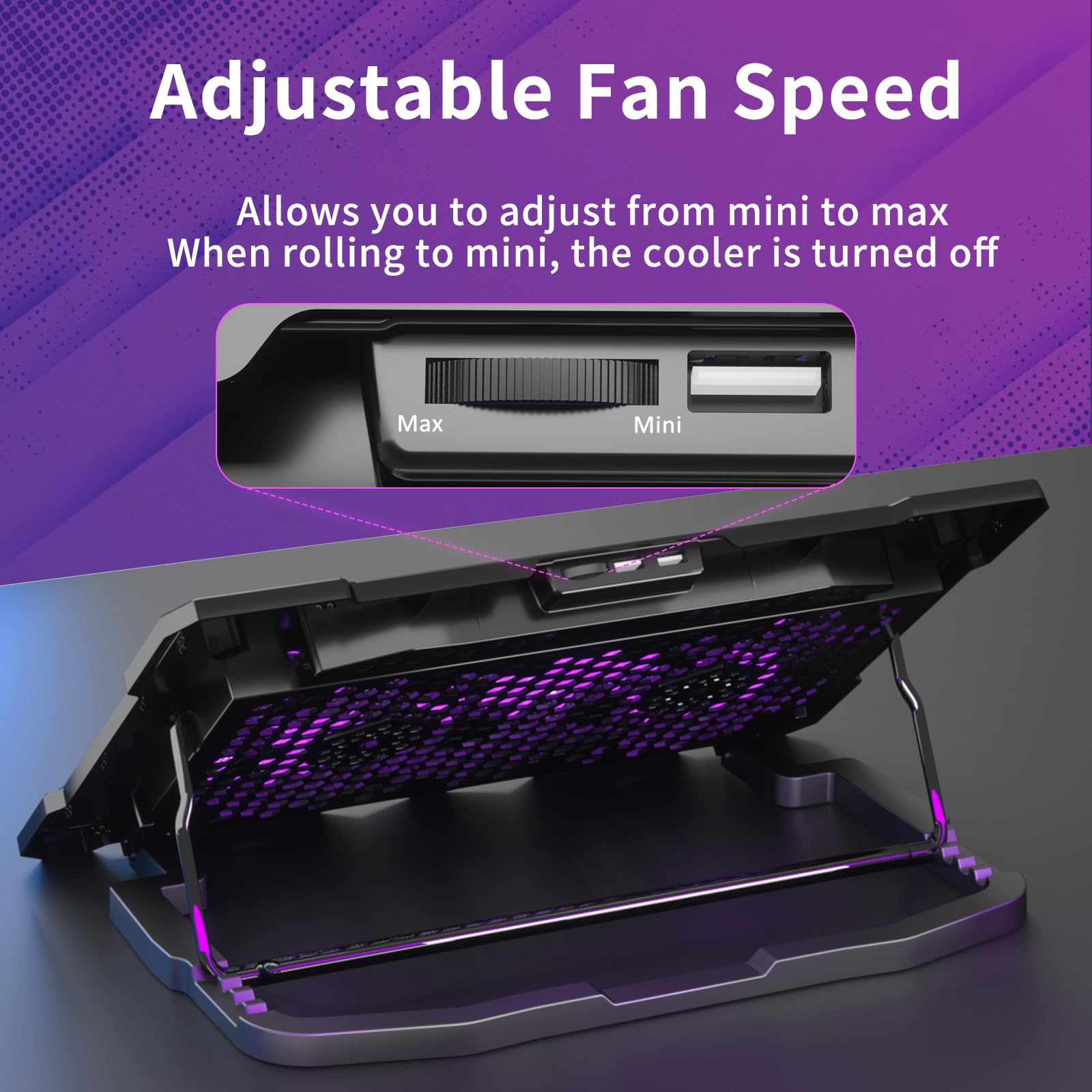 AICHESON Laptop Cooling Pad for 15.6 to 17.3 Inches PC Notebooks, 5 Fans Computer Cooler Stands with Purple Lights Desk Chiller Mat, S035