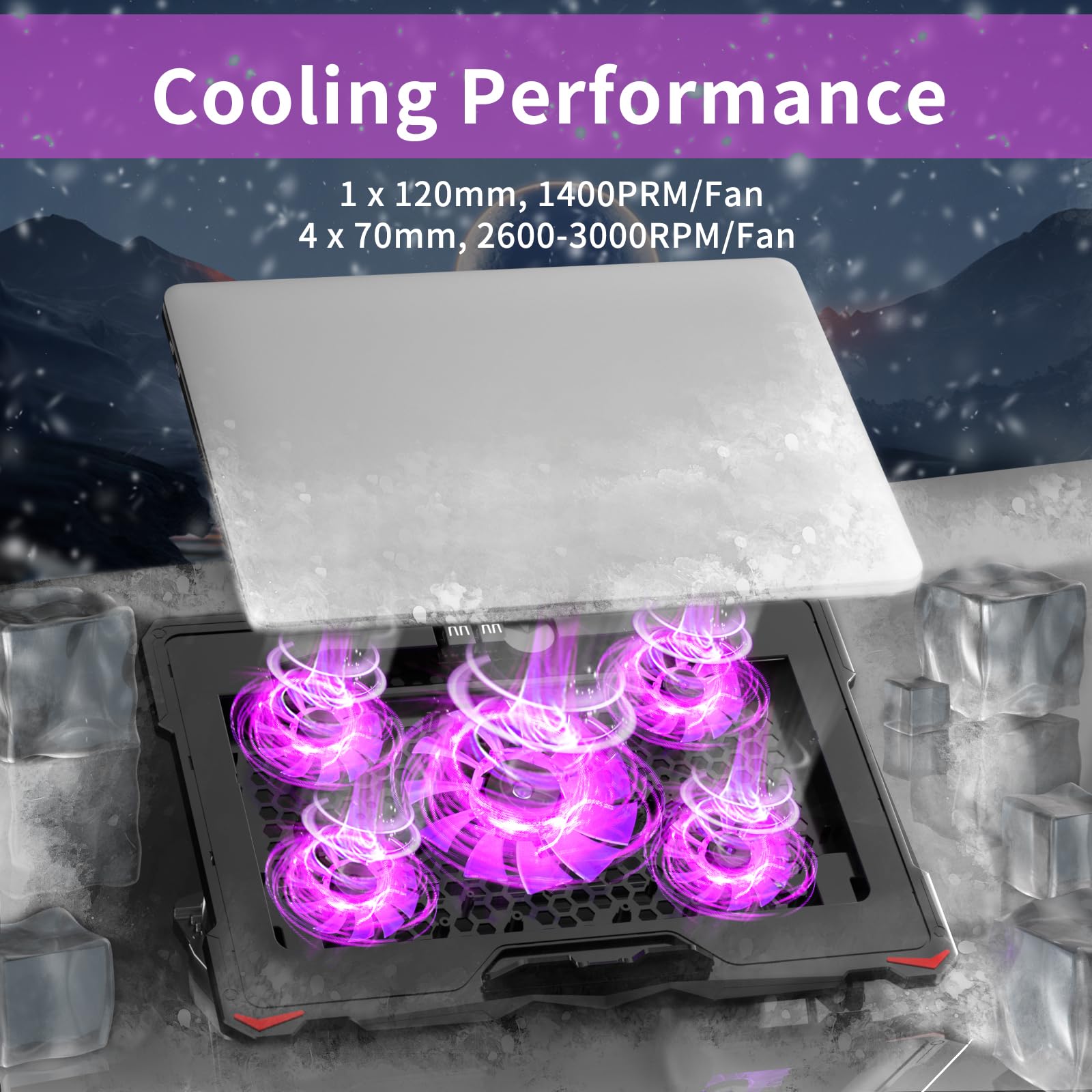 AICHESON Laptop Cooling Pad for 15.6 to 17.3 Inches PC Notebooks, 5 Fans Computer Cooler Stands with Purple Lights Desk Chiller Mat, S035