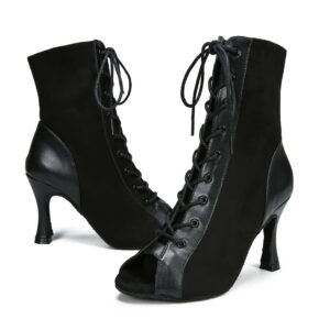 YYTing Women Suede Ballroom Dance Boots Latin Salsa Dress Shoes Practice Footwear 3.5inch Heels YT229(9.5, Black)