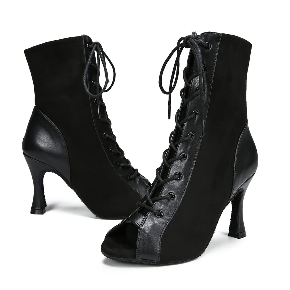 YYTing Women Suede Ballroom Dance Boots Latin Salsa Dress Shoes Practice Footwear 3.5inch Heels YT229(9.5, Black)