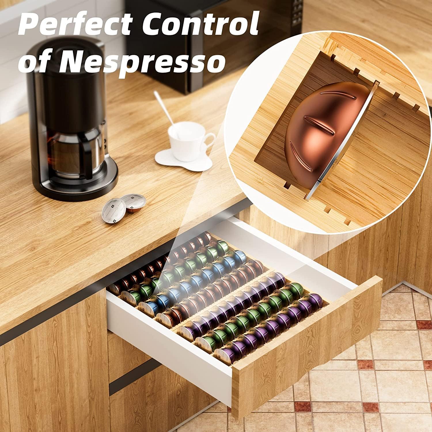 MinBoo Bamboo Coffee Pod Storage Holder Drawer Insert for Counter Compatible Nespresso Vertuo Vertuoline Capsules for Kitchen, Home, Office, Coffee Station